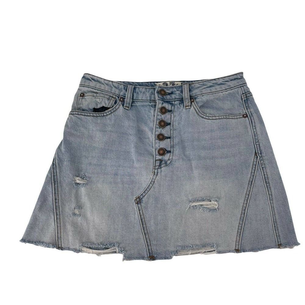 Free People Jean Skirt We The Free Denim Mini Distressed Size 27 Button Fly Boho